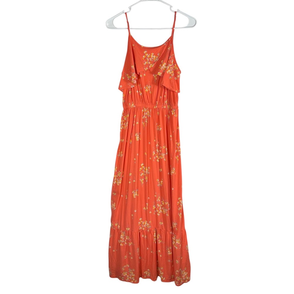 Peyton & Parker Coral Orange Floral Ruffle Tiered Maxi Dress Small Adjustable